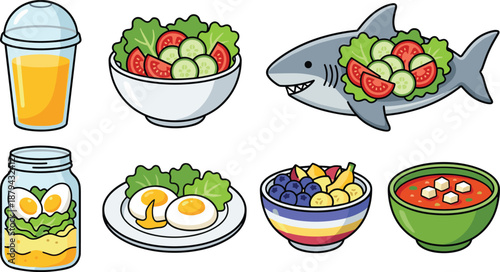 PrintHealthy Food Illustration Set Featuring Fresh Garden Salad Fruit Bowl Tomato Soup Fried Eggs Orange Juice Mason Jar Meal and a Creative Shark Salad