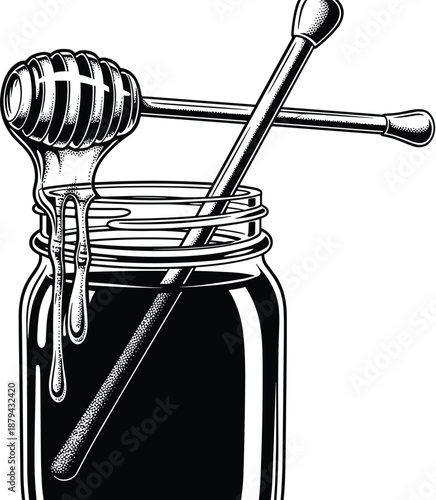 Vintage honey jar illustration with dripping honey dipper black and white engraving style isolated on white background vector stock art