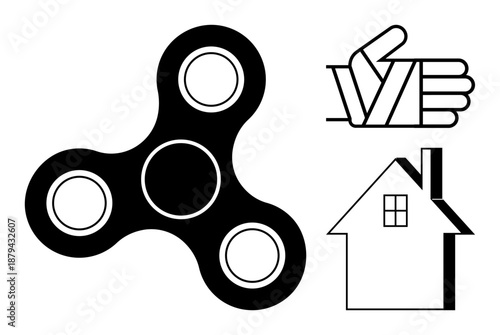 Stress relief tools, childhood entertainment, real estate concepts, homeownership, minimalism, design icons. Black fidget spinner, hand gesture and house illustration. Stress relief and childhood