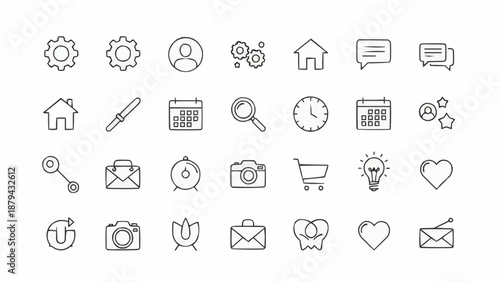 Collection of simple outline icons for web and app design.