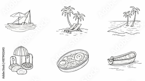 Collection of six hand-drawn summer vacation icons.