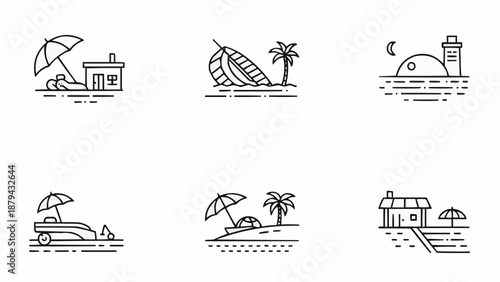 Collection of six simple line art icons representing beach and travel themes.