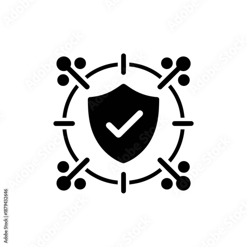 Black and white security shield icon with network connections
