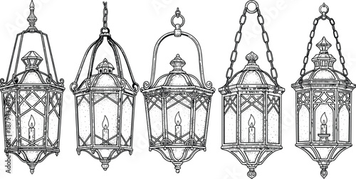 PrintSet of five hand drawn decorative hanging lantern illustrations with burning candles on metal chains isolated on white background for vintage lighting design
