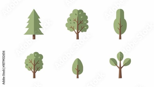 Collection of six stylized flat design trees.