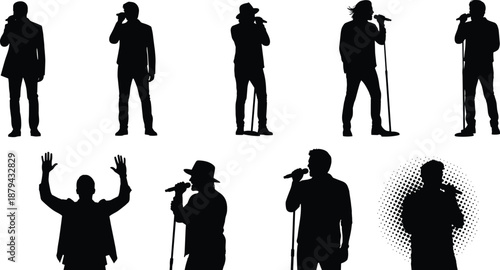 PrintSet of Professional Male Singer Silhouettes Performing on Stage with Microphones and Stands for Music Concert Posters Live Event Graphics and Entertainment Design