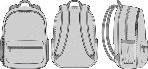 School backpack cad drawing flat vector illustration, front back side views, technical bag design, minimal outline, education travel accessory