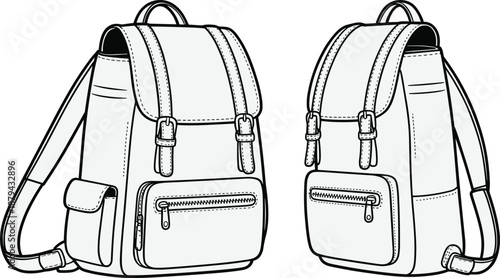 School backpack cad drawing, flat vector illustration, front and angled views, detailed outline line art, modern student bag design template