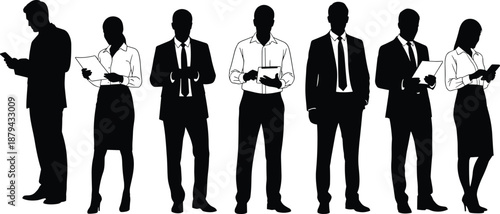 Business people silhouette group reading documents, professional corporate teamwork and workflow concept isolated on white background black vector illustration set