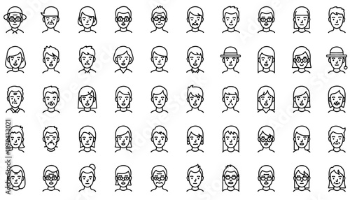 People & Human Face Line Editable Icon Set. Containing Male, Female, Children, Generic Head, Profile, Neutral Face. Editable Stroke. Vector Illustration