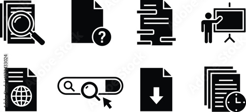 Document management icon set showing search, analysis, download, presentation, online files, information workflow, business data processing, digital documentation concept