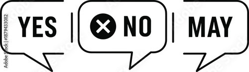 PrintThree speech bubbles with yes no and maybe options representing choice decision making communication and uncertainty in a minimalist design (20 words)