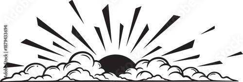 Black and white sunrise with clouds and rays illustration