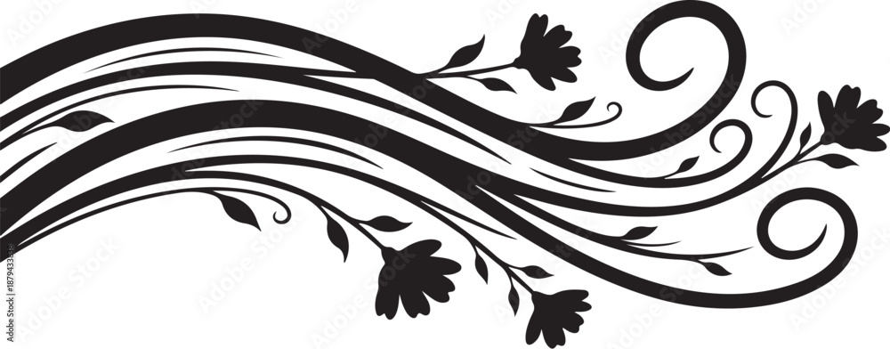 Fototapeta premium Elegant black floral design with swirling lines and leaves