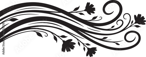 Elegant black floral design with swirling lines and leaves