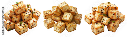 Close-up of spicy marinated tofu cubes with herbs and spices, isolated on white transparent background