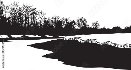Black and white landscape with trees and frozen lake