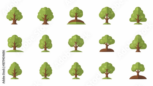 Collection of stylized green trees with brown trunks.
