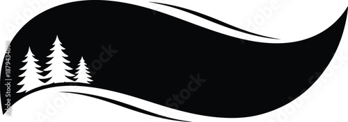 Minimalist illustration of pine trees on wavy black landscape