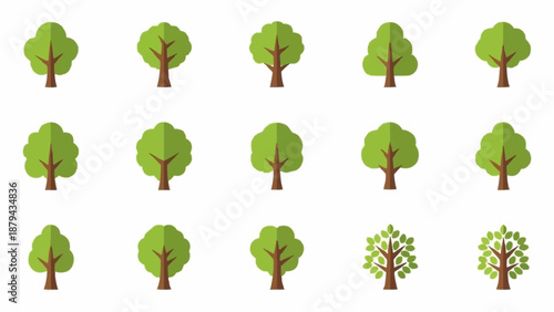 Collection of stylized flat design trees in various shapes.