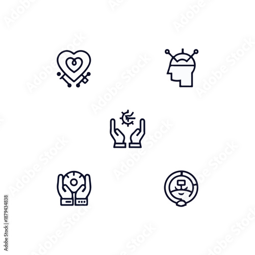  Robot and Human Collaboration and Teamwork Vector Line Art Set.
