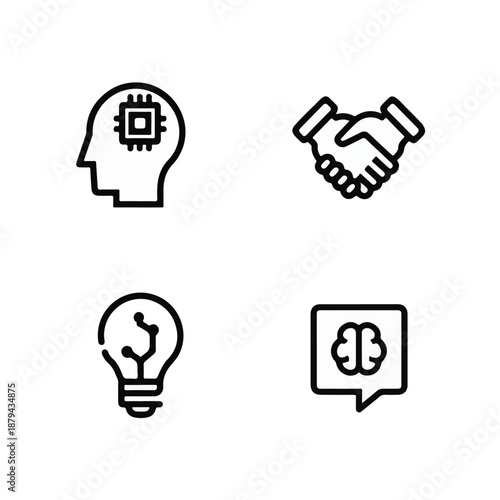 Human-AI Neural Interface and Cognitive Assistance Line Art Icons.