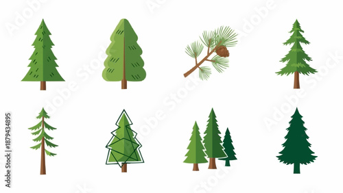 Collection of stylized green pine trees and pine branch.