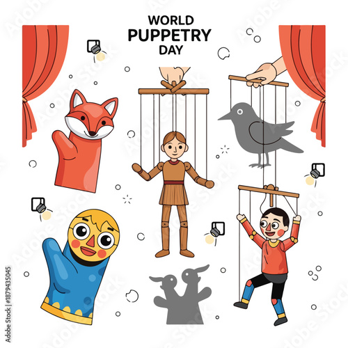 A colorful illustration celebrating World Puppetry Day with various puppets