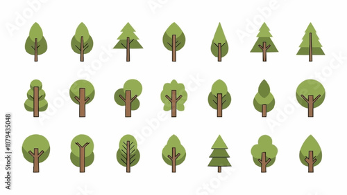 Collection of stylized green trees in flat design style.