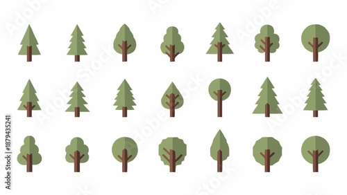 Collection of stylized green trees in various shapes and sizes.