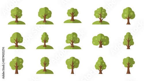Collection of stylized green trees on white background.
