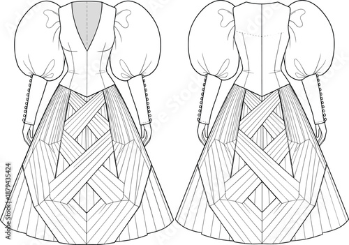 Flat vector illustration of long sleeve dress front and back technical sketch with geometric panel skirt, puff sleeves, fashion template