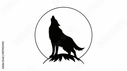 A lone wolf standing on rocky outcrop howling at full moon in circular frame illustration