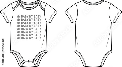 Flat vector illustration of baby onesie front and back view with bold MY BABY text design for infant fashion mockup
