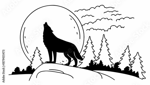 A lone wolf howling at the full moon from a hill surrounded by pine trees under a cloudy night sky