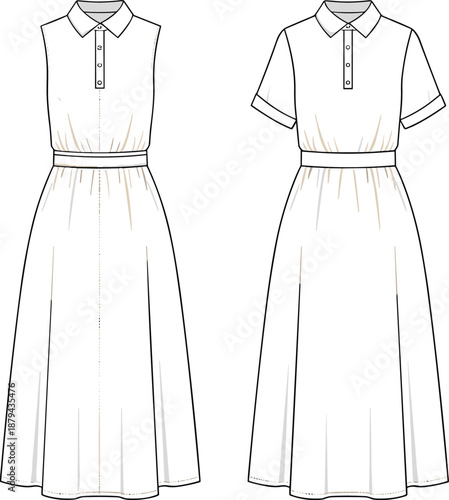Flat vector illustration of collared midi dress technical sketch with sleeveless and short sleeve variations, button placket, fashion template
