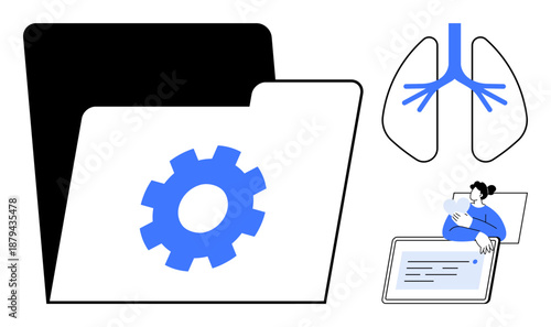 Medical records concept. Medical records with a file folder, lungs diagram, and online consultation. Medical records for patient care, healthcare, remote diagnosis, data analysis, and telehealth