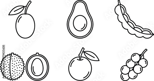 Assorted fruits including mango, avocado, and grapes illustrated in a minimalist style from a direct viewpoint