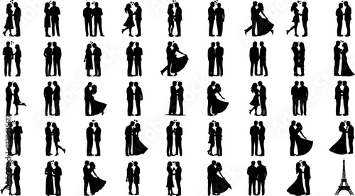 Romantic Couple Silhouettes Collection Featuring Diverse Pairs, Wedding Gowns, Same-Sex Partners, and Intimate Moments for Elegant Love and Marriage Design Projects.