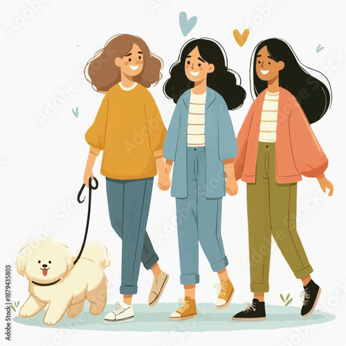 Friends walking a dog