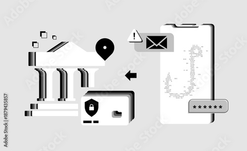 Financial cybercrime and banking phishing concept with smartphone, credit card, and secure password icons. Professional visual for online fraud prevention, data privacy, and fintech security. protect