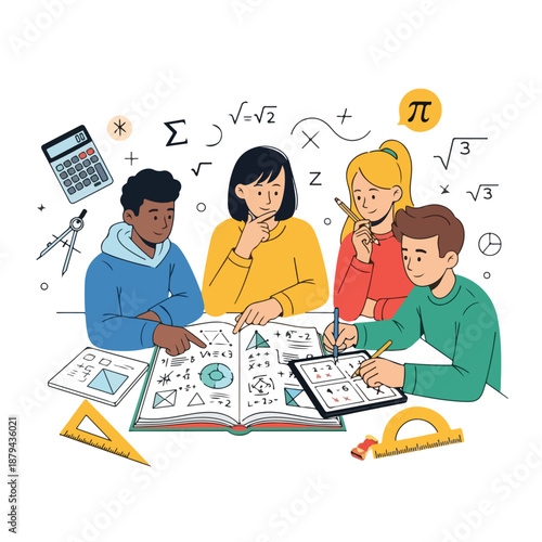 A diverse group of students studying mathematics together