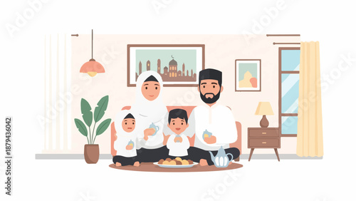 A family of four wearing white robes sits on the floor in a living room with a plant and framed pictures on the wall.