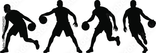 Silhouette basketball players dribbling and running with ball, dynamic sports athlete action poses set for fitness, training, competition, teamwork and athletic design themes