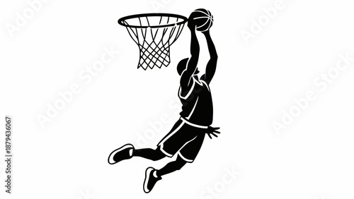 A basketball player in mid-air dunking the ball into the hoop with a powerful athleticism and skill