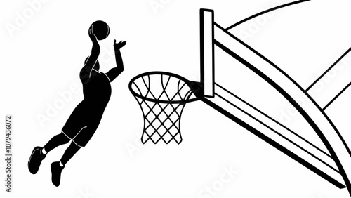 A basketball player in mid-air, dunking the ball into the hoop from a dynamic angle, showcasing athleticism and skill