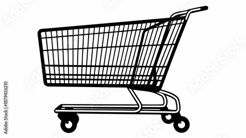 A black wire shopping cart with wheels on a plain background from a side view