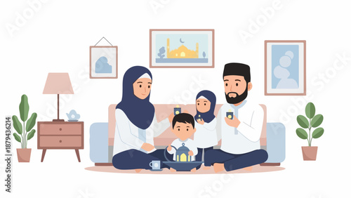 A Muslim family of three sitting on the floor in a living room with framed pictures on the wall.