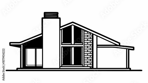 Modern house elevation with chimney and brick facade, architectural illustration, daytime view