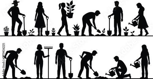 Silhouette group of people gardening together with tools and plants, teamwork in nature, hobby farming and outdoor planting scene for eco lifestyle and environmental sustainability